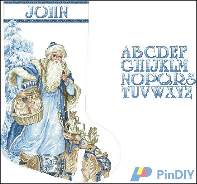 A Cross Stitch Christmas Wintry Blue Santa Stocking.jpg