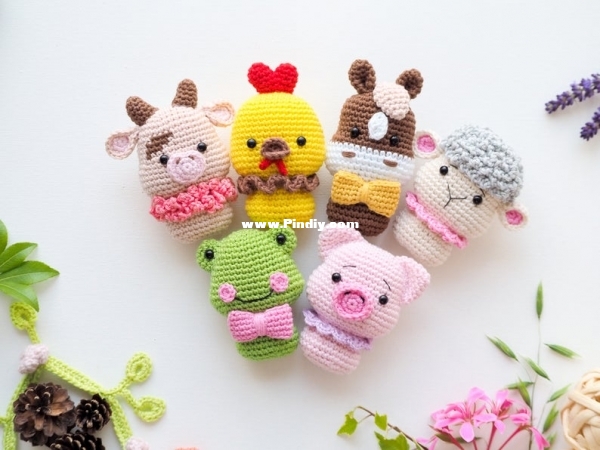 Rnata Baby set 3 frog, chick, sheep, pig, horse and cow, Amigurumi