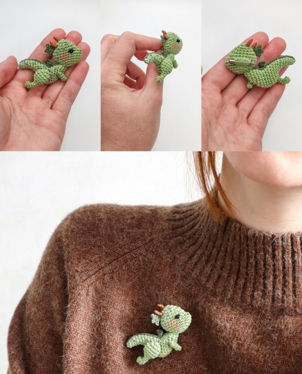 Flying Dragon brooch crochet pattern, Amigurumi animal brooch crochet tutorial, .jpg