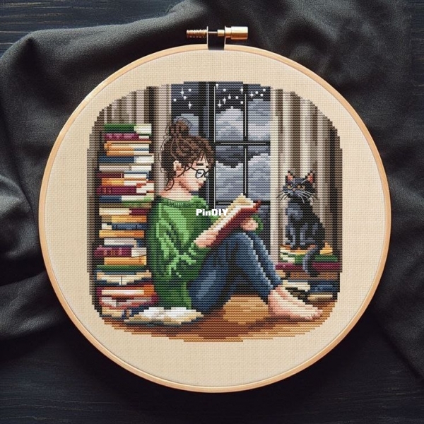 My Brave Stitch - Reading Girl With Black Cat by Hanna Levchu.jpeg