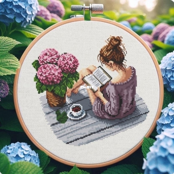 My Brave Stitch - Reading Girl With Hydrangea by Hanna Levchuk orig.jpg