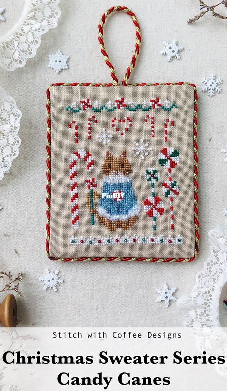 Stitch with Coffee Designs - Christmas Sweater Series Orange Tabby Candy Cane