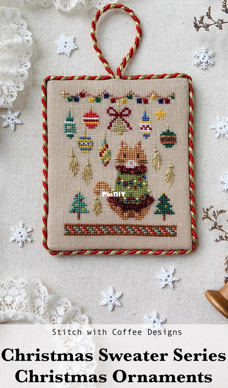 Stitch with Coffee Designs - Christmas Sweater Series Orange Tabby - Christmas Ornaments