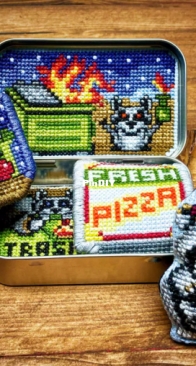 The Murder Puffin - Altoids Tin Insert Trash Panda Raccoon Dumpster Fire - Rubbish Trash Pizza Cross Stitch Pattern