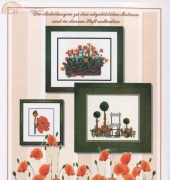 Liebevolle Kreuzstichentwurfe B-48-01-Mohnkiste, B-139-10-Stuhlmit Blumenwiese, MD-75-02-Giesskanne mit Mohn, MD-105-05-Mohnblumenkranz, M-24-98-Mohnblüte, Orange