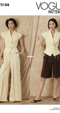 Vogue Patterns - V2188 - Misses Structured Top With Tie Belt, Shorts And Pants - Sizes 10-18