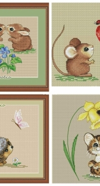 Hedgehog With A Butterfly, Leopard With Narcissus, Mouse With Strawberry and A Couple Of Bunnies by Maria Brovko