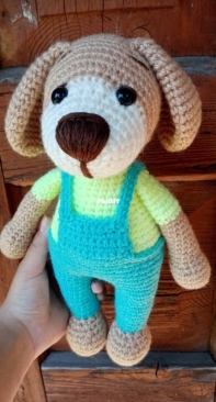 puppy in overalls