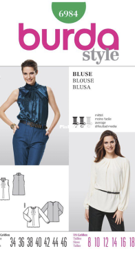 Burda Style - 6984 - Blouse - Sizes 34-46 - German English French Dutch Italian Spanish Swedish Danish Russian