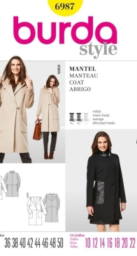 Burda Style - No 6987 - Coat - Sizes 36-50 - German, English, French, Dutch, Italian, Spanish, Swedish, Danish, Russian