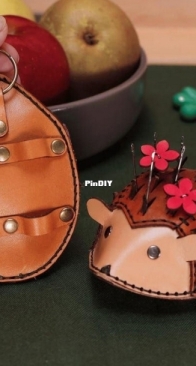 Hedgehog leather keychain or pincushion - LeatherPatternTS