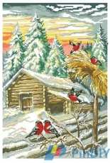 CeWeC V6697 snowy log cabin at sundown with bullfinches and sheaf
