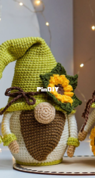 Polushka Bunny - Maria Ermolova -  Set Flower Gnomes: Sunflower Granny Square Gnome, Sunflower Gentleman, Sunflower Pin Cushion