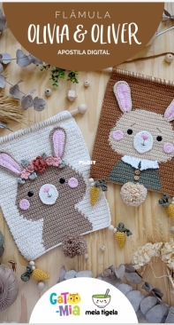 Gato Mia Crochetaria e Meia Tigela Crafts - Caroline Schossler e Fernanda Schossler - Olivia and Oliver Wall Hangings - Flâmulas Olivia e Oliver - Portuguese