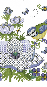 Blackwork Anemones with Blue Tit by Lesley Teare