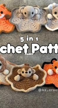 Kscrochetcritters 5 in 1 blanket lovelys lion, tiger, fox/wolf, koala, monkey eng