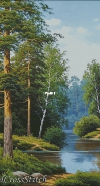 Cross Stitch-Pine trees by the river by Anastasia Ishchenko