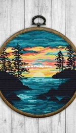 2x2 Stitch Art - Sunset Mountain River Landscape # 77 XSD