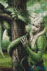 Light Unicorn Designs - Green Dragon Cross Stitch with Elf Fae / Fairy