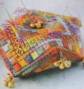 Sue Hawkins quirky pincushion (biscornu) from Stitch magazine Aug-Sep 2009