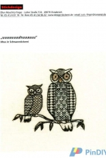 Ellen Moschitz-Finger-Blackwork Owls-Uhus in Schwarzstickerei-German