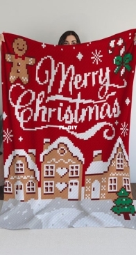 Handmade crochet Jo _ three gingerbread house with merry Christmas blanket _ English