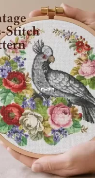 Vintage Embroidery Scheme - Black cockatoo by E Ivanova