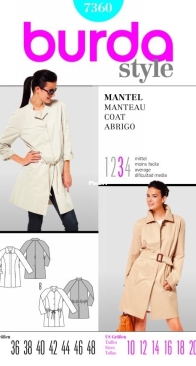 Burda Style - 7360 - Coat - Sizes 36-48 - German, English, French, Spanish, Italian, Dutch, Swedish, Danish, Russian