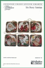 The Vermillion Stitchery 700 Six Busy Santas Ornaments XSD