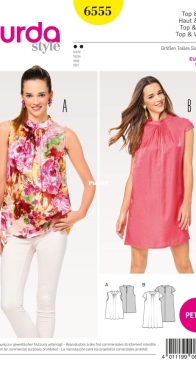 Burda Style - 6555 - Miss Petite Collar Top and Dress - Sizes 17-23 - German, English, French, Dutch, Italian, Spanish, Swedish, Russian