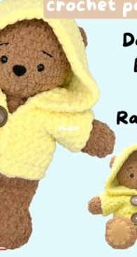 Crochet Pink Pumpkin - Mathilde Claiborne - Rain coat  for doudou and doudou bear - Manteau de pluie et doudou ours - English and French