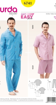 Burda Style - 6741 - Mens Pyjama Set - Sizes EU48-58 US38-48 - English, French, German, Dutch, Italian, Spanish, Swedish, Russian