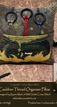 Cauldron Thread Organizer Pillow - Wild Violet Cross Stitch from Punch Needle & Primitive Stitcher Fall 2020 PCS + XSD