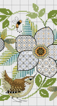 Blackwork Flower and Wren by Lesley Teare