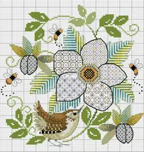Blackwork Flower and Wren by Lesley Teare