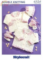 Stylecraft DK 4524 Lacy Cardigan, Bonnet, Mits & Bootees