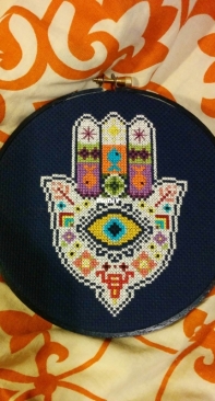 Hamsa hand finished cross stitch