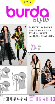 Burda Style - 7297 - Jacket and Coat - Sizes EUR36-48 US10-22 - English, French, German, Dutch, Italian, Spanish, Swedish, Danish, Russian