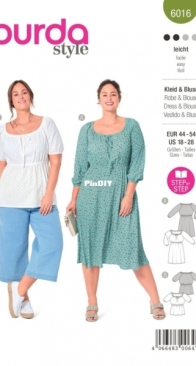 Burda Style - 6016 - Dress and Blouse -  Sizes 44-54 - German English French Dutch Swedish Spanish