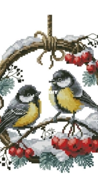 My Brave Stitch - Pair of bluetits on wreath - Hanna Levchuk XSD