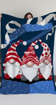 Handmade crochet Jo _ three Christmas gnomes popping out of a gift box blanket _ English