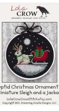 Lola Crow Cross Stitch - Cryptid Christmas Ornament #2 A Miniature Sleigh and a Jackalope PCS + XSD