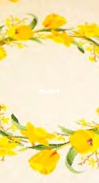 Yellow Wreathed Tablecloth with Daffodils, Tulips and Forsythia by Jana Hauschild Lindberg from Counted Cross-Stitch Designs for All Seasons PCS