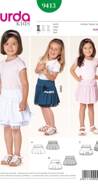 Burda Kids - 9413 - Skirt - Sizes 98-140cm - German, English, French, Dutch, Italian, Spanish, Swedish, Danish, Russian