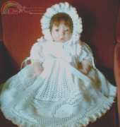 Sugar toe Babies -Annette Sanko - Full Length Dress with Filet Crochet Rabbit Inserts, Bonnet and Matching Bootie