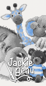 Baby sleeps between cuddly toys by Jackie Beau