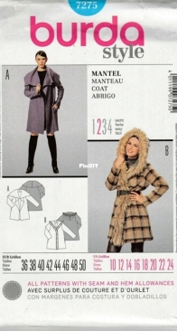 Burda Style - 7275 - Coat - Sizes 36-50 - German, English, French, Dutch, Italian, Spanish, Swedish, Danish, Finnish, Russian