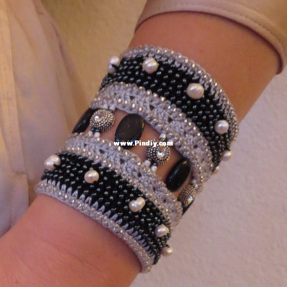 Black Grey Silver Pearl Swarovski Bead Crochet Bracelet Cuff